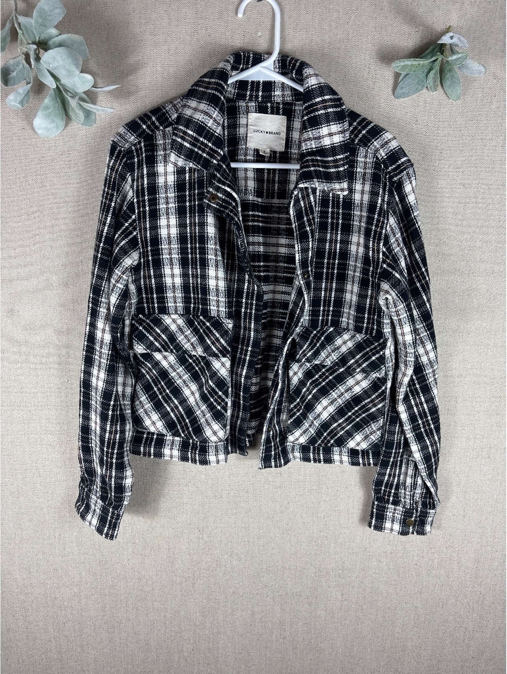 Lucky Brand > Black Plaid Snap Moto Bomber Jacket Small